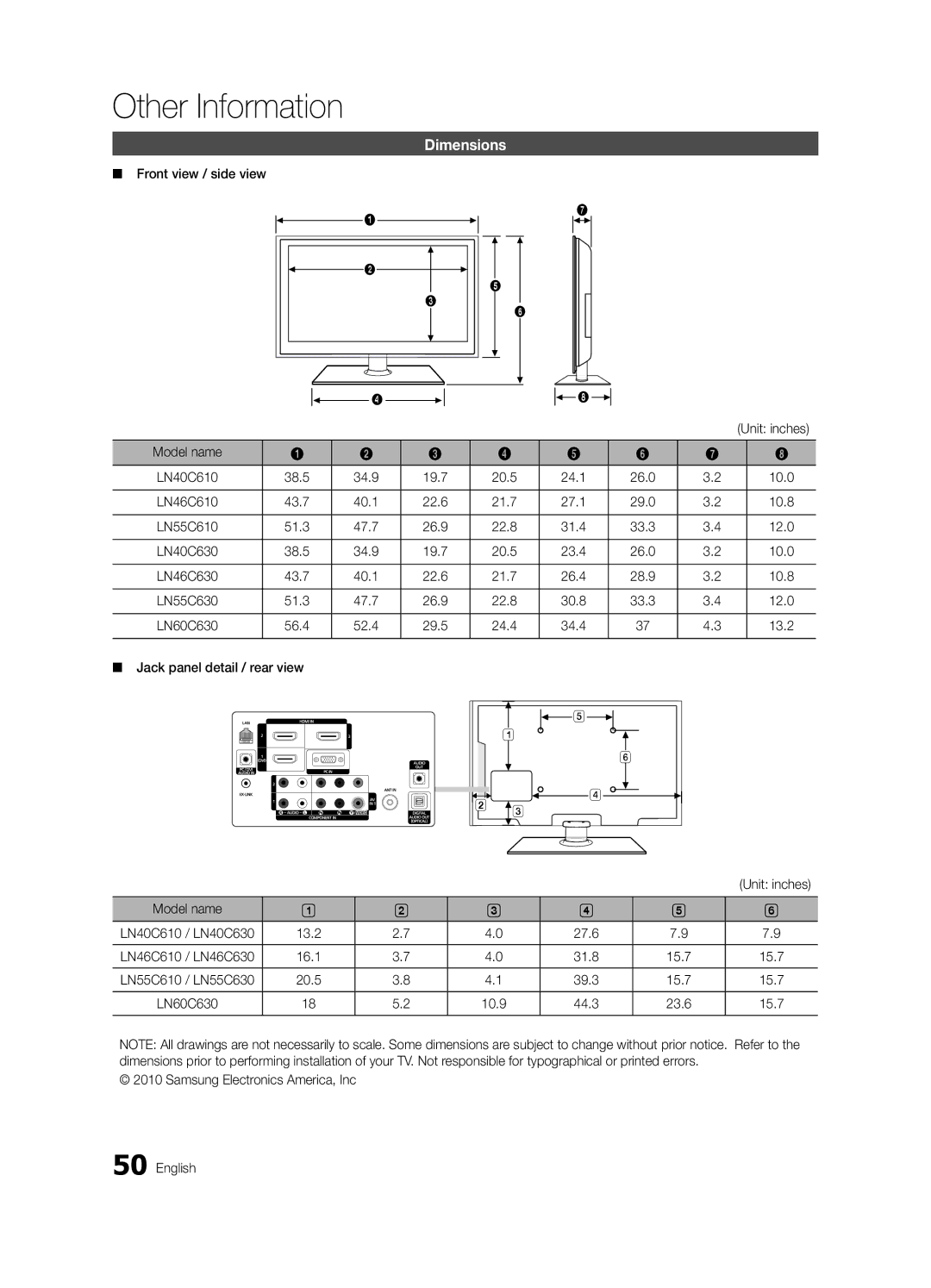 Samsung BN68-03164A-01, LC630-ZA, LN55C630, Series L6 630, Series L6 610 user manual Dimensions 