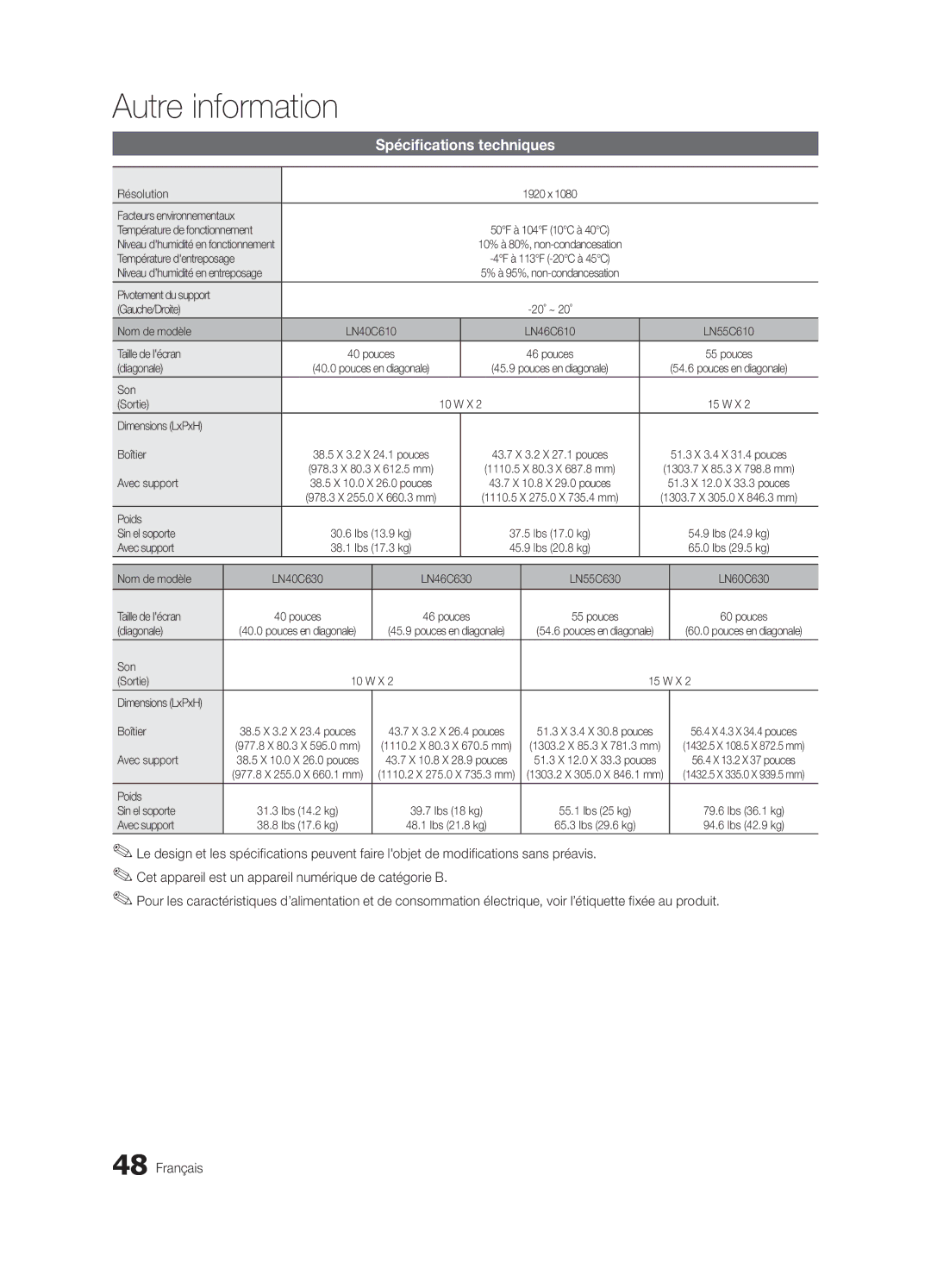 Samsung BN68-03164C-01, LC630-ZC user manual Spécifications techniques 