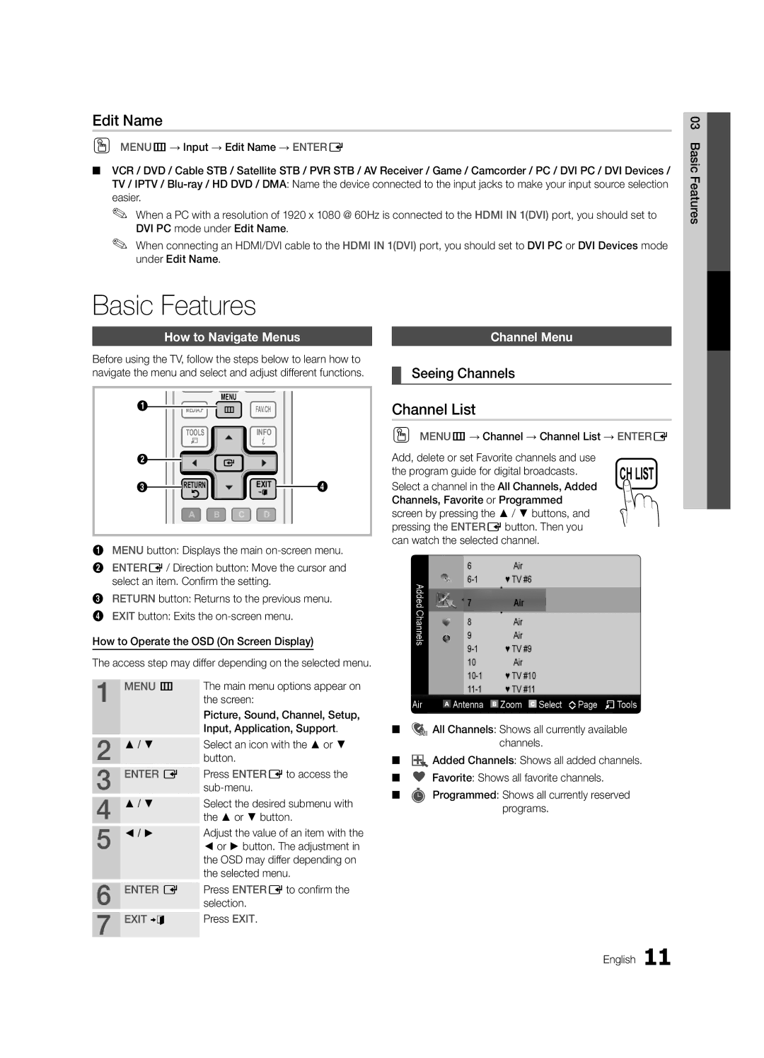 Samsung LC630-ZC, BN68-03164C-01 user manual Basic Features, Edit Name, Channel List, Seeing Channels 