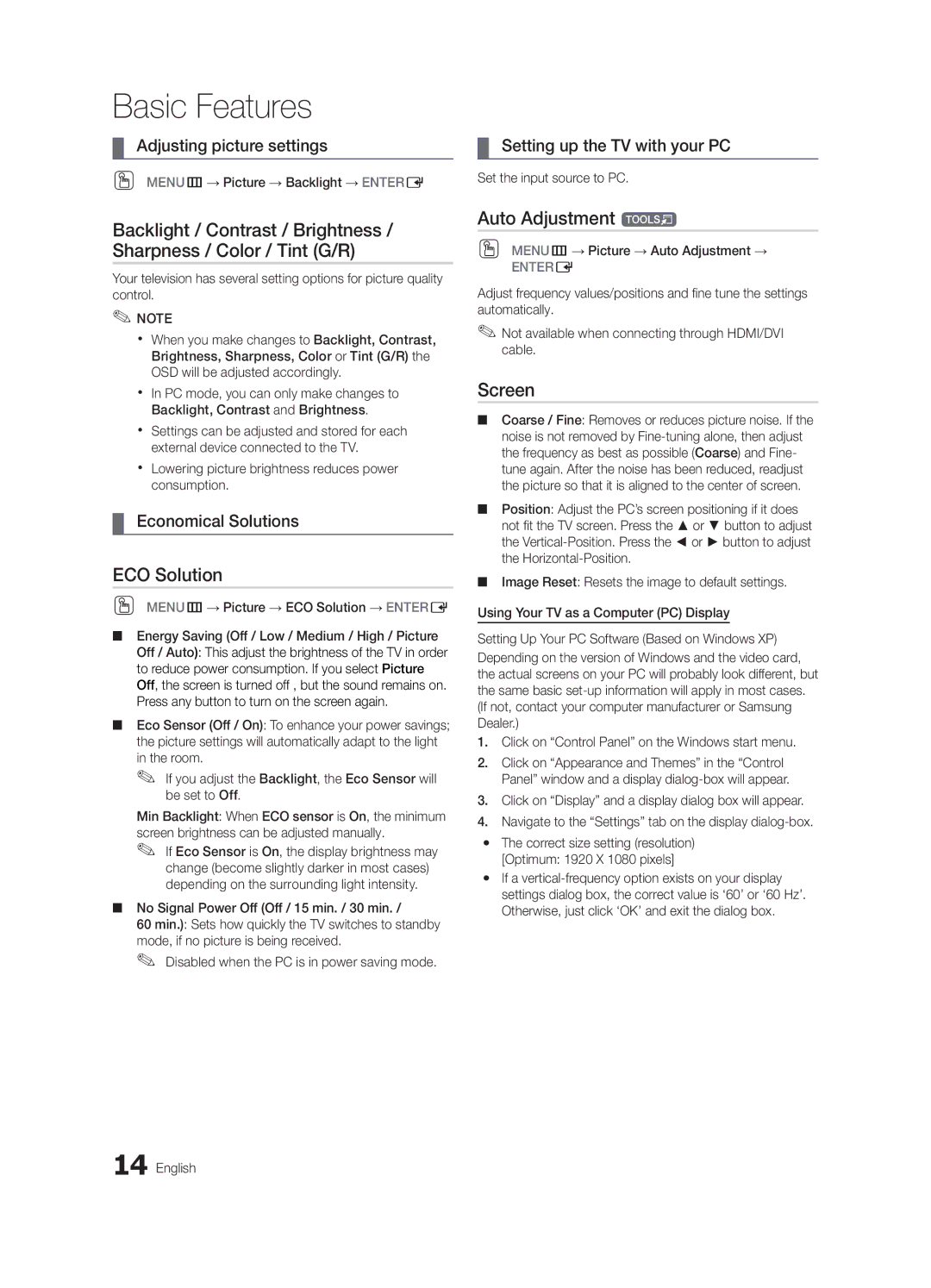 Samsung BN68-03164C-01, LC630-ZC user manual ECO Solution, Auto Adjustment t, Screen, Economical Solutions 