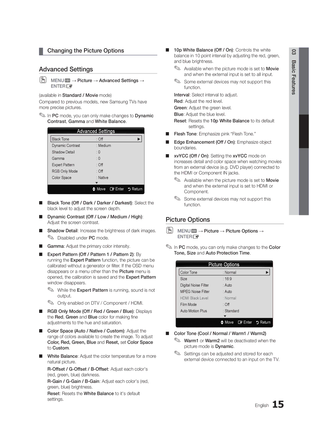 Samsung LC630-ZC, BN68-03164C-01 user manual Advanced Settings, Changing the Picture Options 