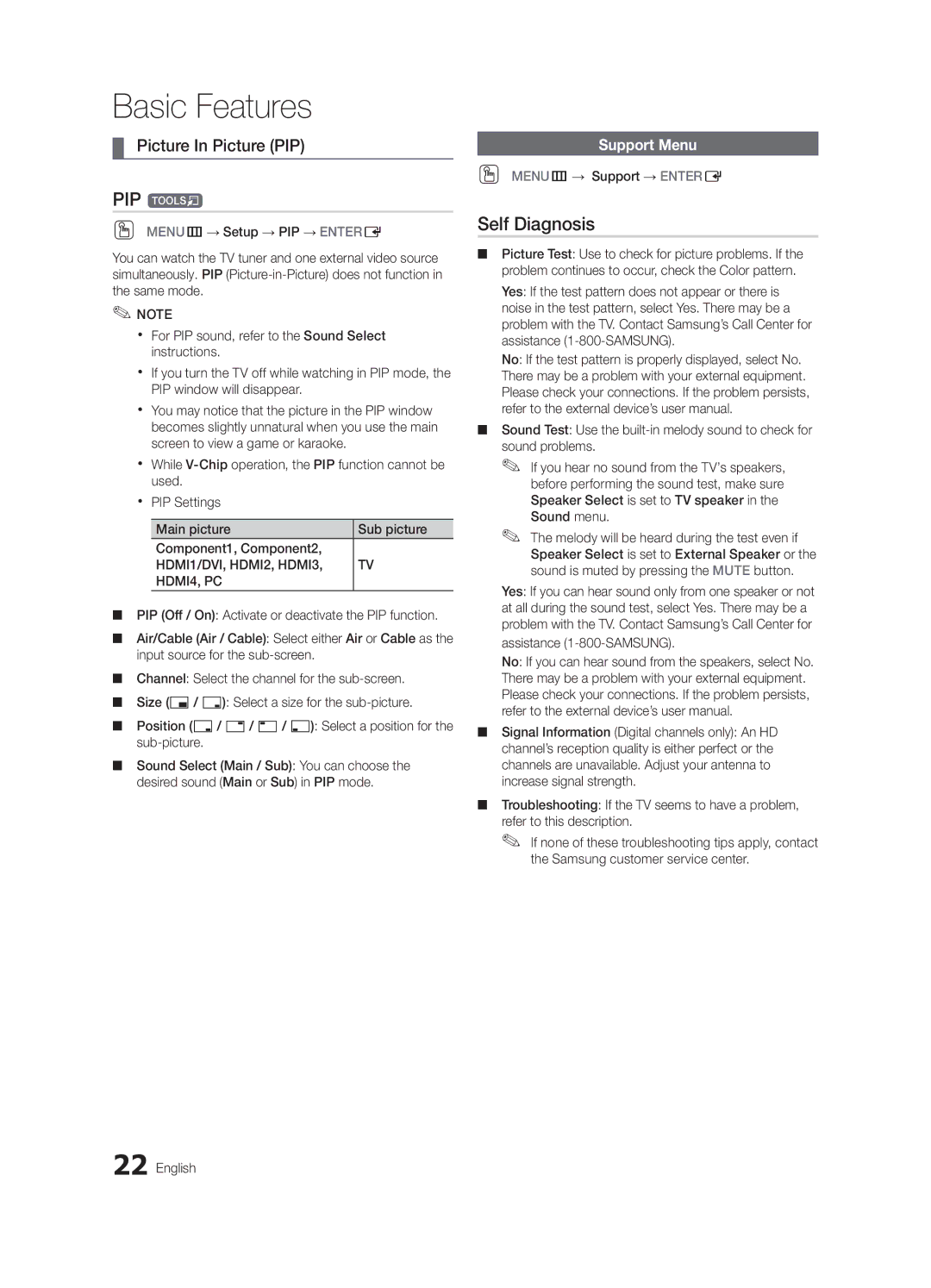 Samsung BN68-03164C-01, LC630-ZC user manual PIP t, Self Diagnosis, Picture In Picture PIP, Support Menu 