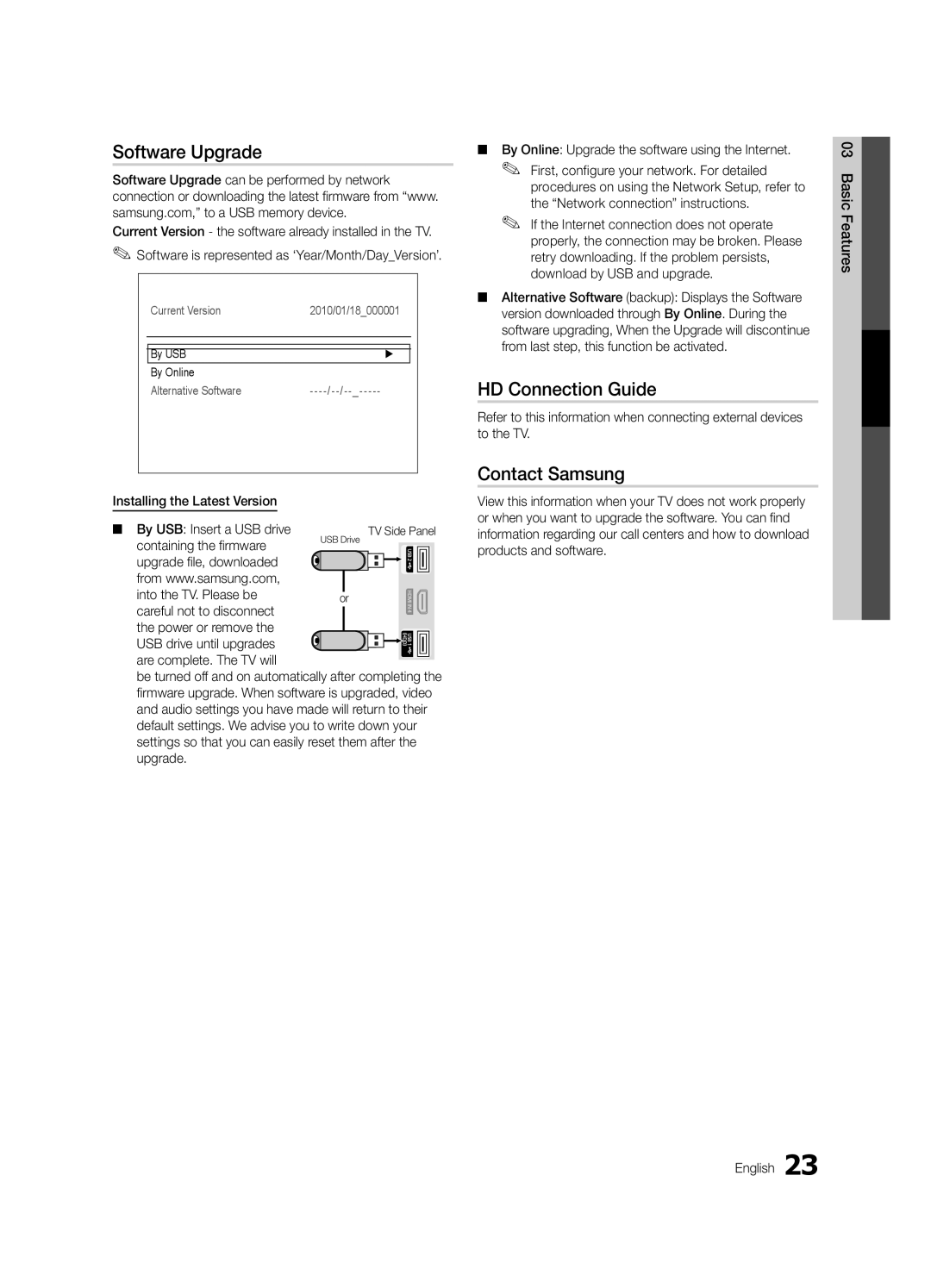 Samsung LC630-ZC, BN68-03164C-01 user manual Software Upgrade, HD Connection Guide, Contact Samsung 