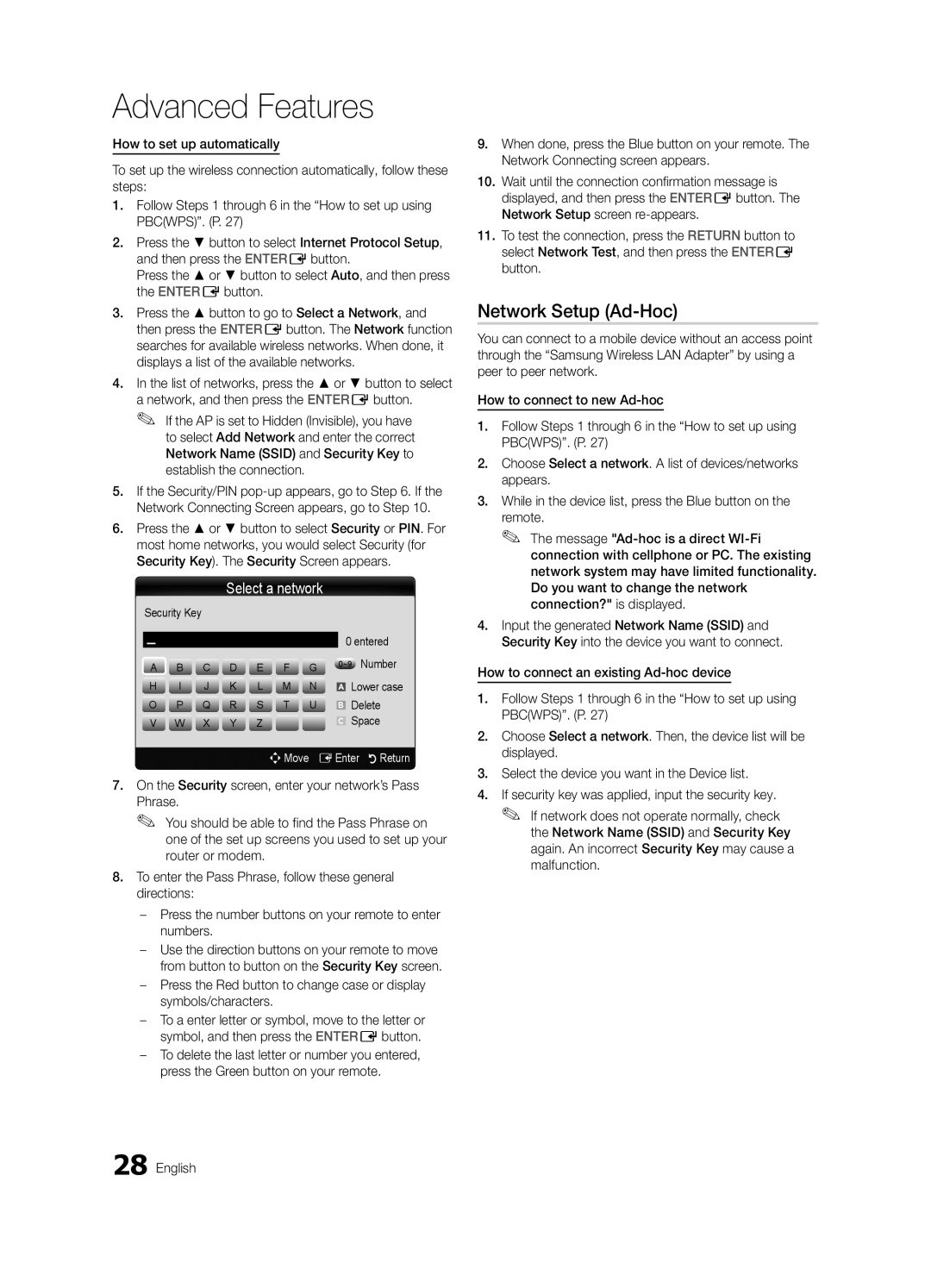 Samsung BN68-03164C-01, LC630-ZC user manual Network Setup Ad-Hoc, Security Key Entered ~9 Number, Delete, Space 