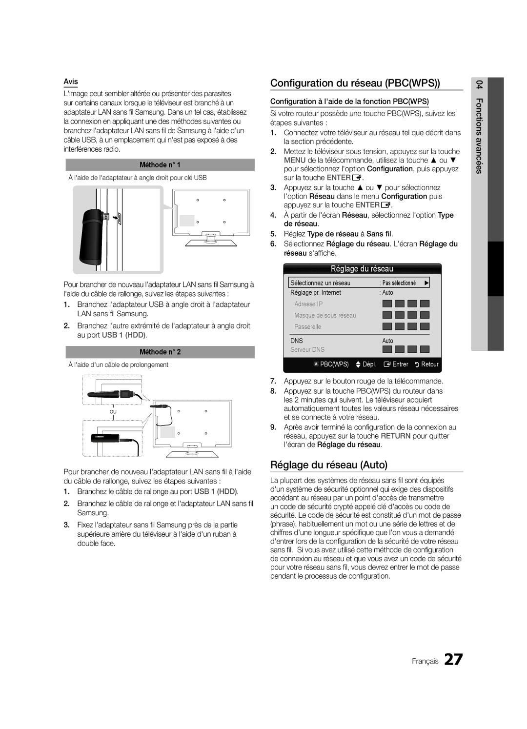 Samsung LC630-ZC, BN68-03164C-01 Configuration du réseau Pbcwps, Avis, Appuyez sur le bouton rouge de la télécommande 