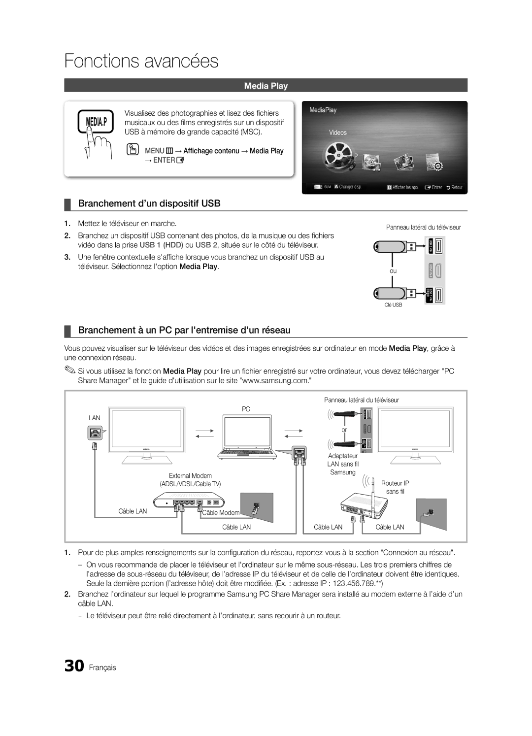 Samsung BN68-03164C-01, LC630-ZC user manual Branchement d’un dispositif USB, Branchement à un PC par lentremise dun réseau 