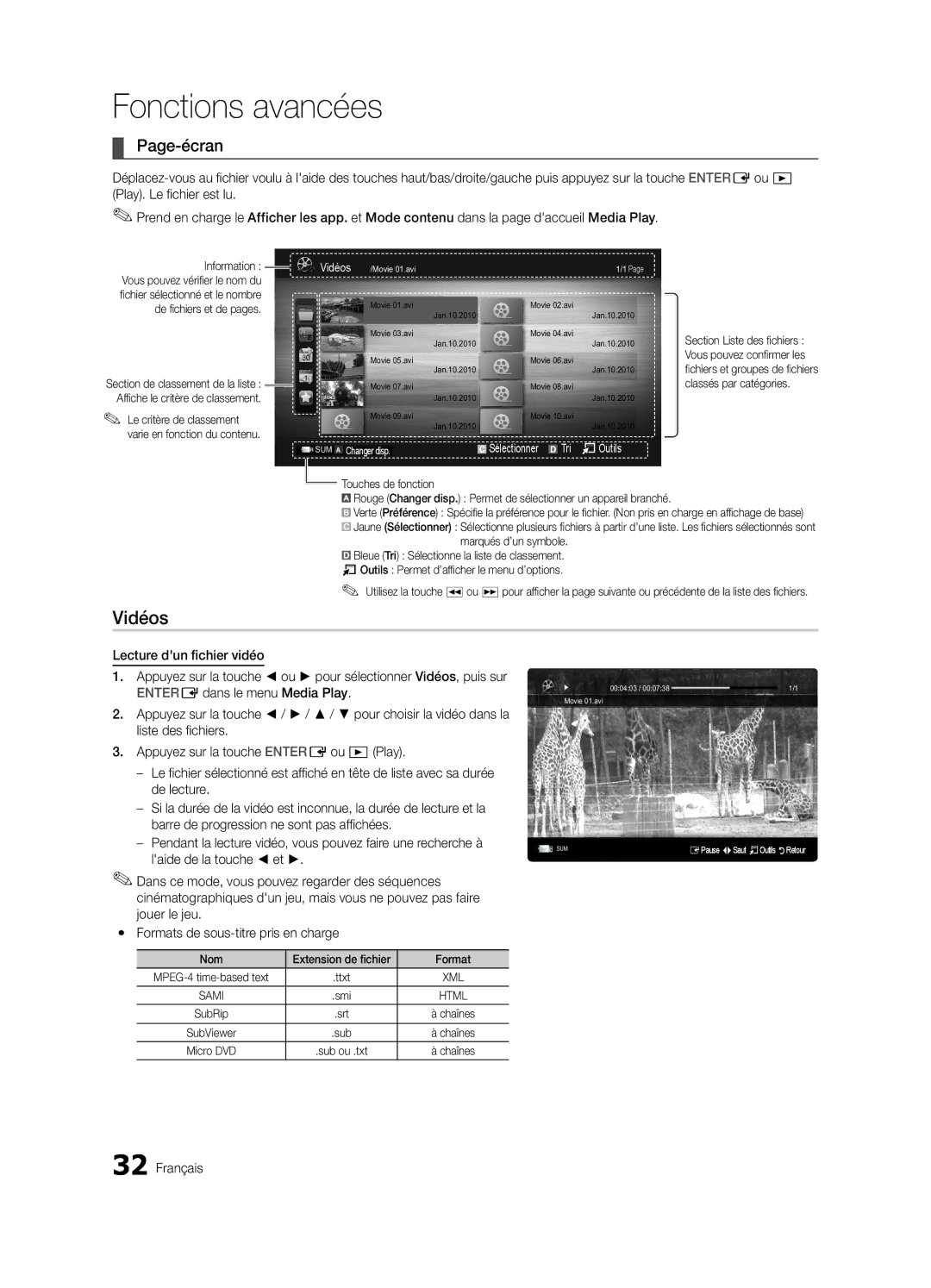 Samsung BN68-03164C-01, LC630-ZC user manual Vidéos, Page-écran, Yy Formats de sous-titre pris en charge, Nom 