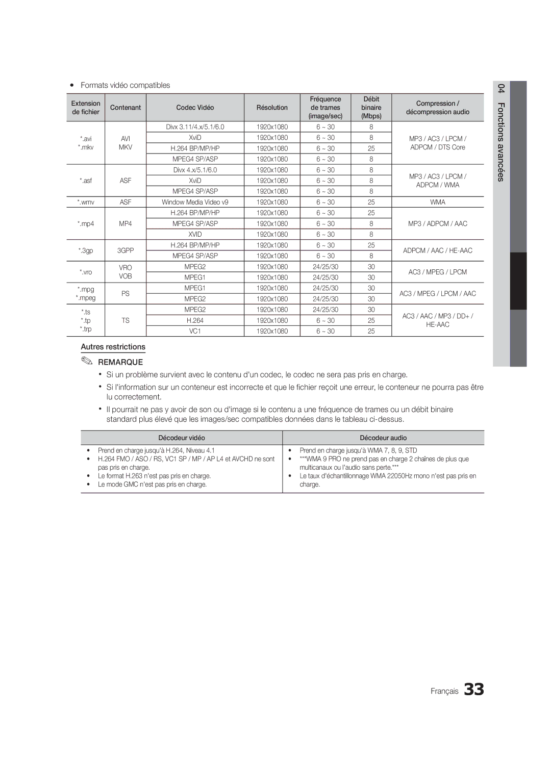 Samsung LC630-ZC Yy Formats vidéo compatibles, Autres restrictions, Extension Fréquence Débit Compression, Résolution 