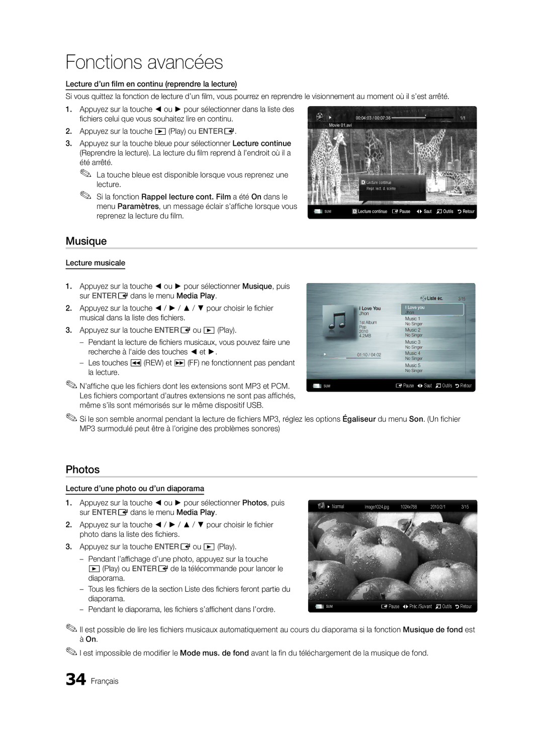 Samsung BN68-03164C-01, LC630-ZC user manual Musique, Photos 