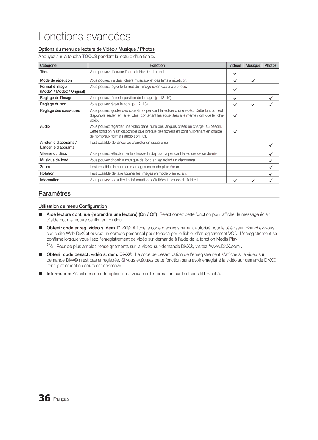 Samsung BN68-03164C-01, LC630-ZC user manual Paramètres, Vidéo Audio 