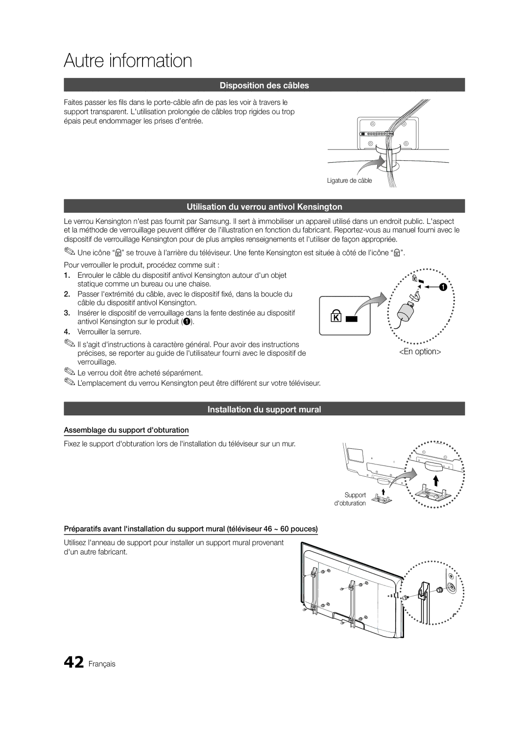 Samsung BN68-03164C-01, LC630-ZC Autre information, Disposition des câbles, Utilisation du verrou antivol Kensington 