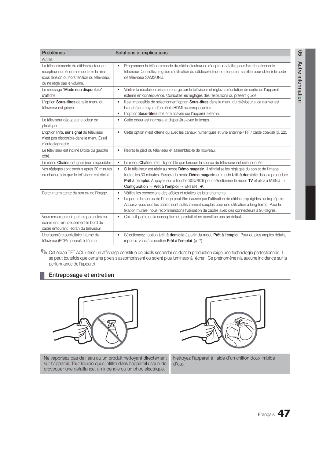 Samsung LC630-ZC, BN68-03164C-01 user manual Entreposage et entretien 