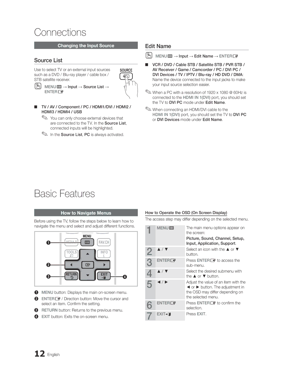 Samsung BN68-03165A-01, UC6300-ZA user manual Source List, Edit Name, Changing the Input Source, How to Navigate Menus 