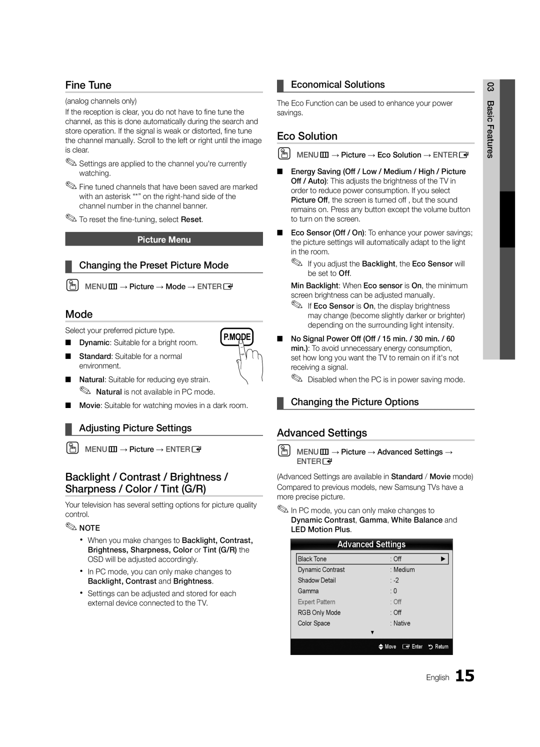 Samsung UC6300-ZA, BN68-03165A-01 user manual Fine Tune, Mode, Eco Solution, Advanced Settings 