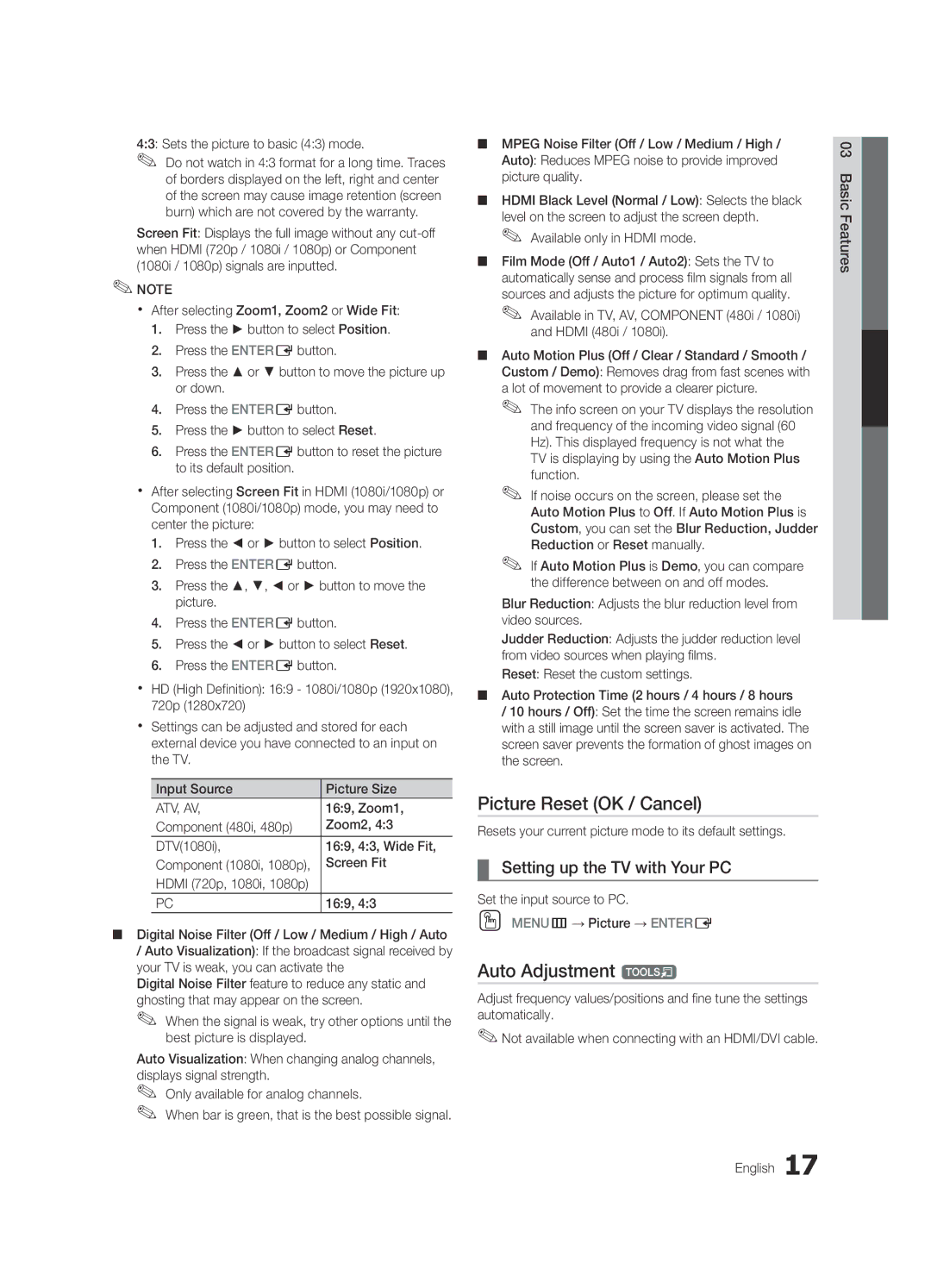 Samsung UC6300-ZA, BN68-03165A-01 user manual Picture Reset OK / Cancel, Auto Adjustment t, Setting up the TV with Your PC 