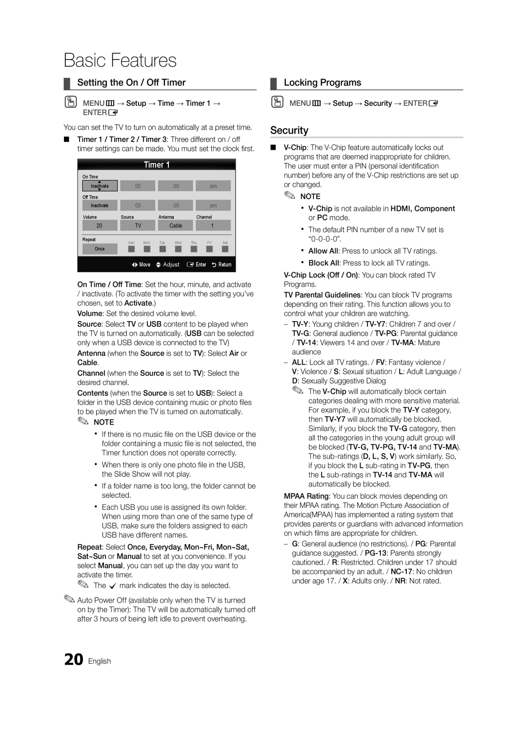 Samsung BN68-03165A-01, UC6300-ZA user manual Security, Setting the On / Off Timer, Locking Programs 