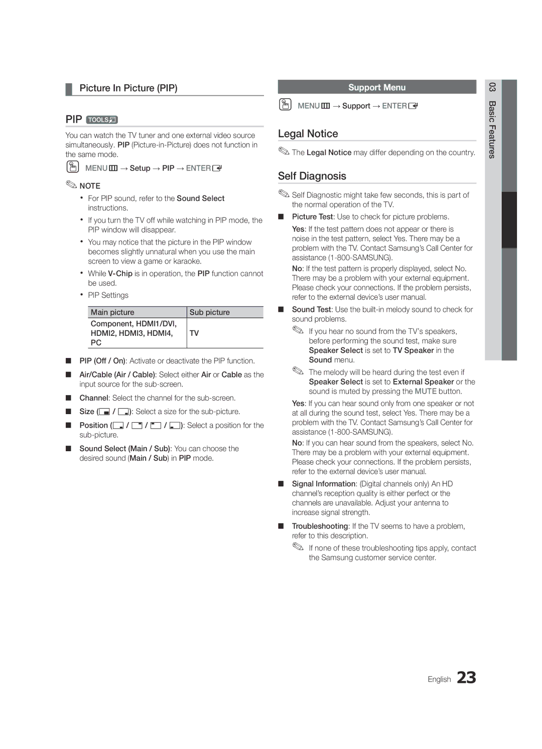 Samsung UC6300-ZA, BN68-03165A-01 user manual PIP t, Legal Notice, Self Diagnosis, Picture In Picture PIP, Support Menu 