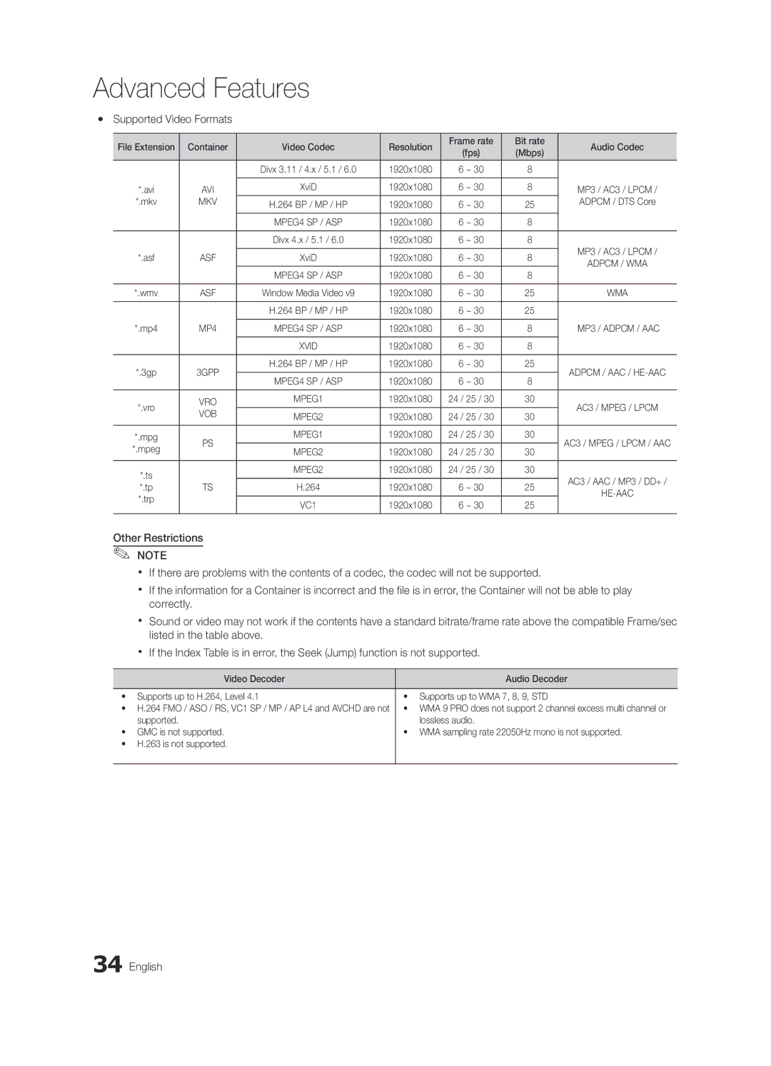 Samsung BN68-03165A-01, UC6300-ZA user manual Yy Supported Video Formats 