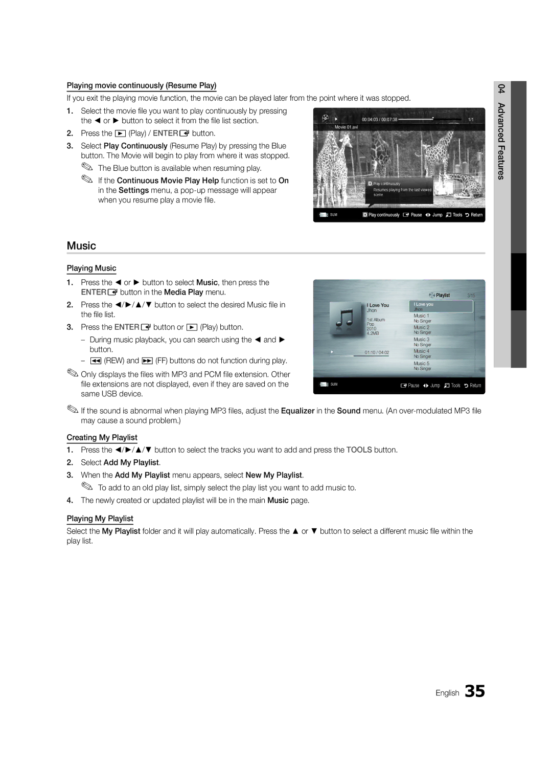 Samsung UC6300-ZA, BN68-03165A-01 user manual Music 