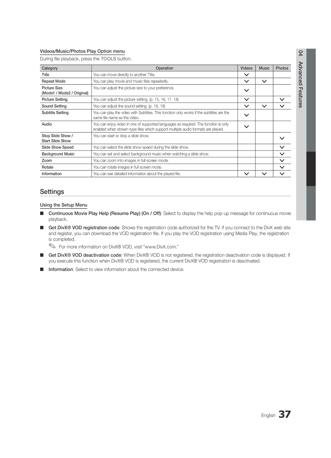 Samsung UC6300-ZA, BN68-03165A-01 user manual Settings, Same file name as the video Audio 