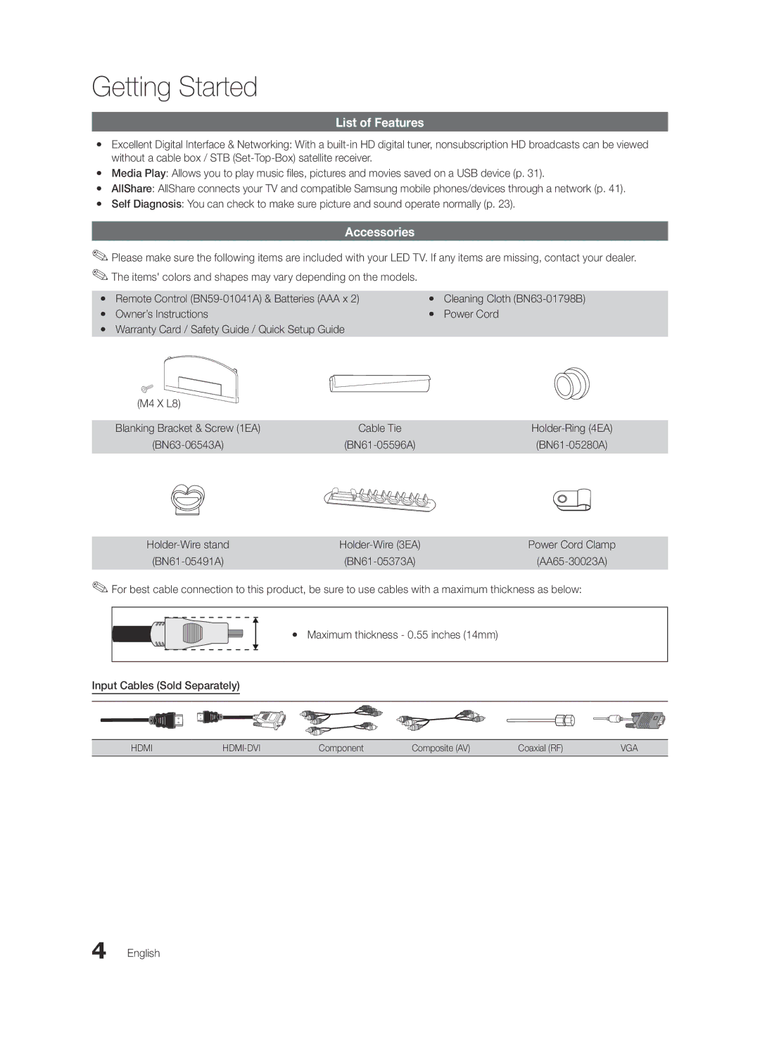 Samsung BN68-03165A-01 List of Features, Accessories, Cleaning Cloth BN63-01798B, Component Composite AV Coaxial RF 