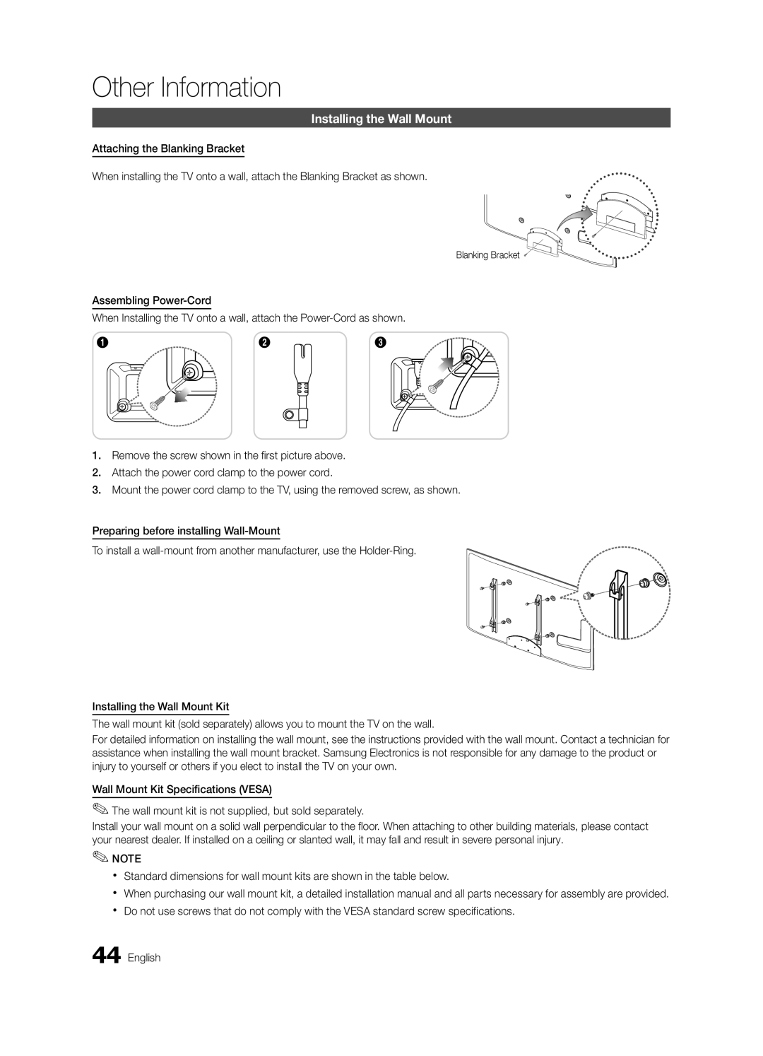 Samsung BN68-03165A-01, UC6300-ZA user manual Installing the Wall Mount, Blanking Bracket 