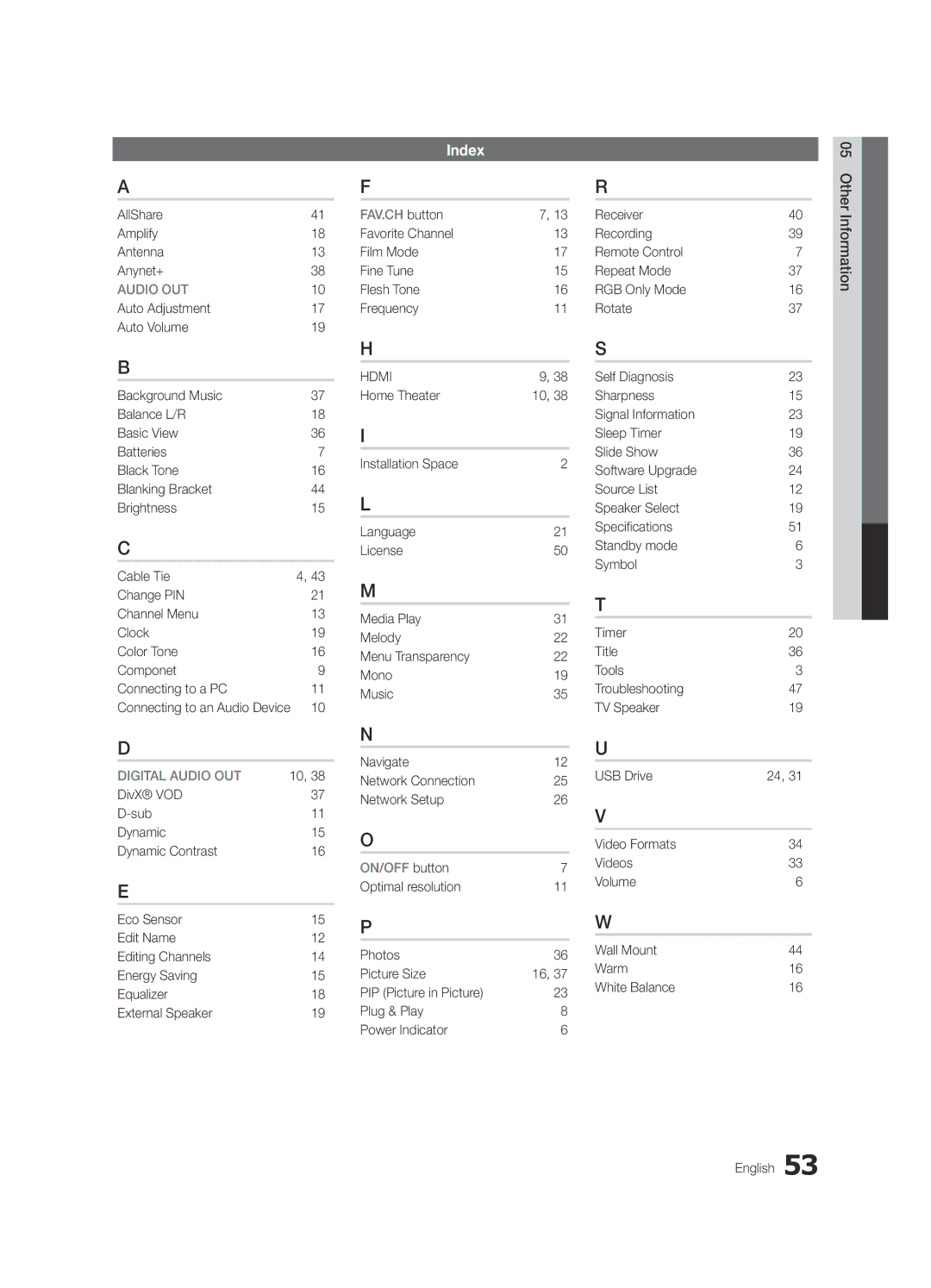 Samsung UC6300-ZA Index, AllShare Amplify Antenna Anynet+, Favorite Channel Film Mode Fine Tune Flesh Tone Frequency 