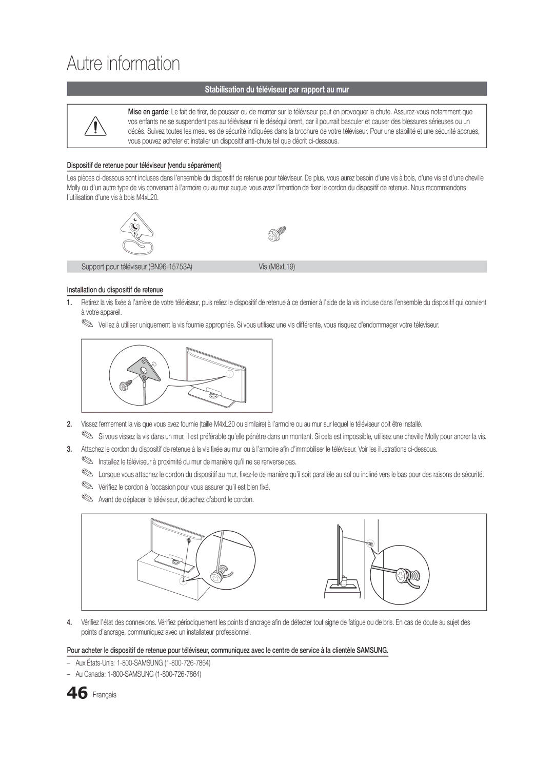 Samsung BN68-03165B-01, UC6300-ZC user manual Stabilisation du téléviseur par rapport au mur 