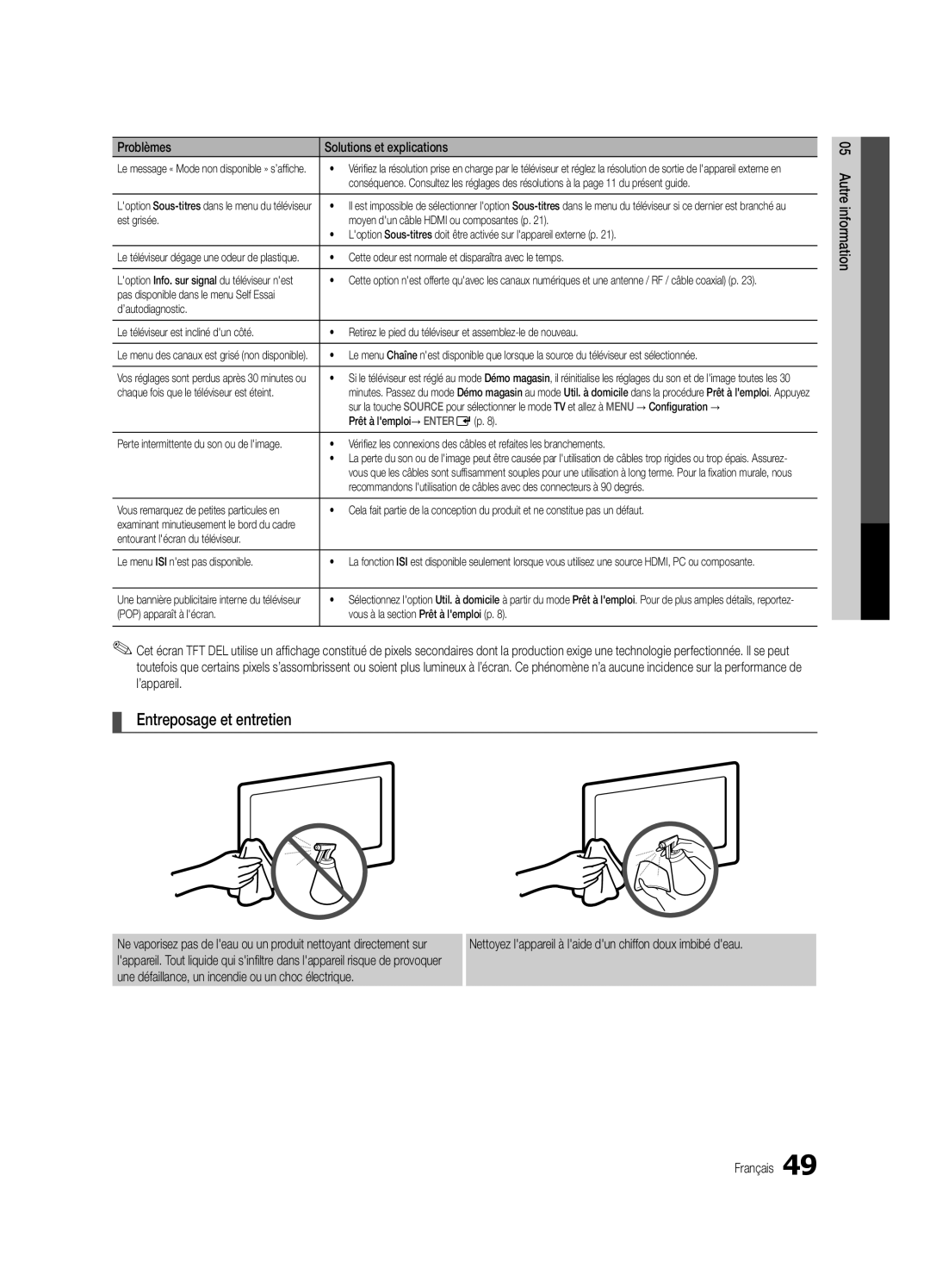 Samsung UC6300-ZC Entreposage et entretien, Cette odeur est normale et disparaîtra avec le temps, Prêt à lemploi→ ENTEREp 