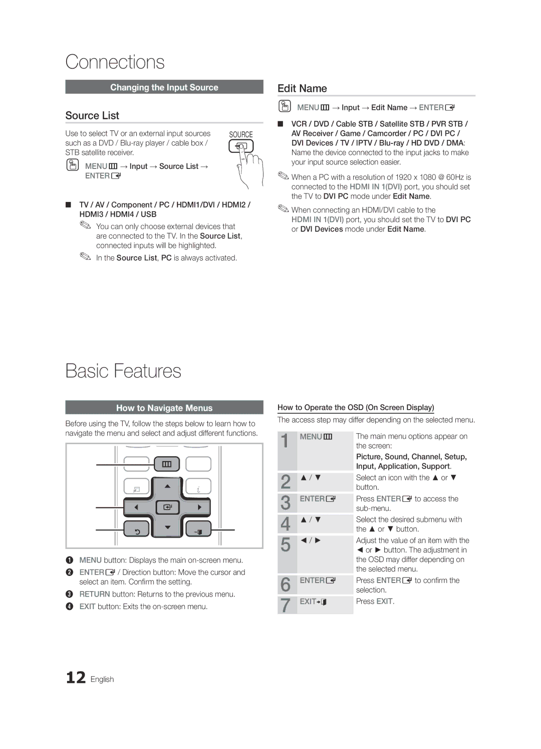 Samsung BN68-03165B-01, UC6300-ZC Basic Features, Source List, Edit Name, Changing the Input Source, How to Navigate Menus 