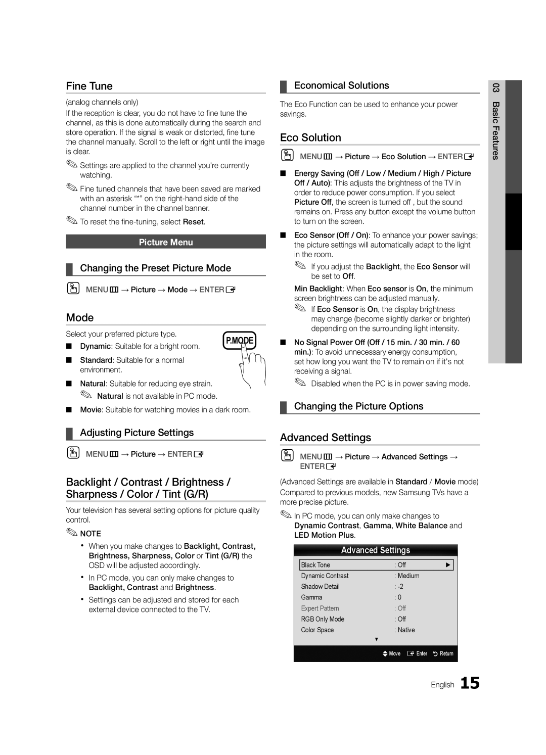 Samsung UC6300-ZC, BN68-03165B-01 user manual Fine Tune, Mode, Eco Solution, Advanced Settings 