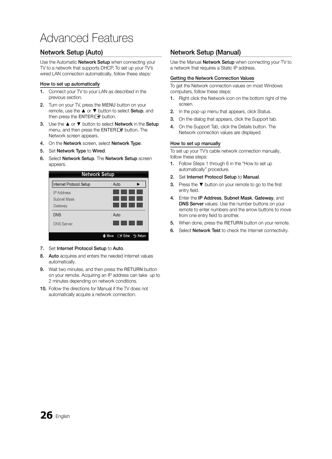 Samsung BN68-03165B-01, UC6300-ZC user manual Network Setup Auto, Network Setup Manual 