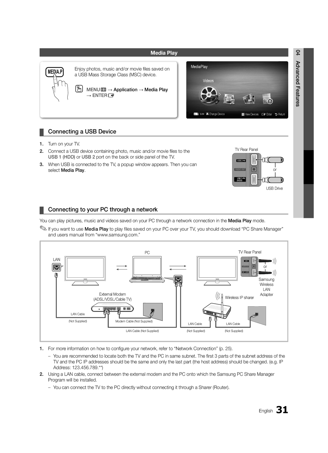 Samsung UC6300-ZC, BN68-03165B-01 user manual Connecting a USB Device, Connecting to your PC through a network, Media Play 