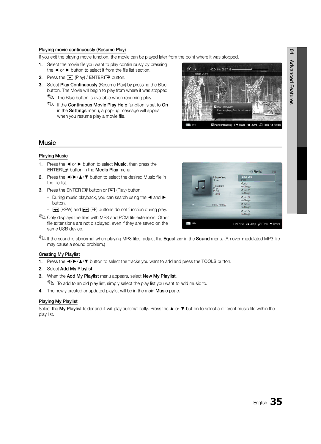 Samsung UC6300-ZC, BN68-03165B-01 user manual Music 