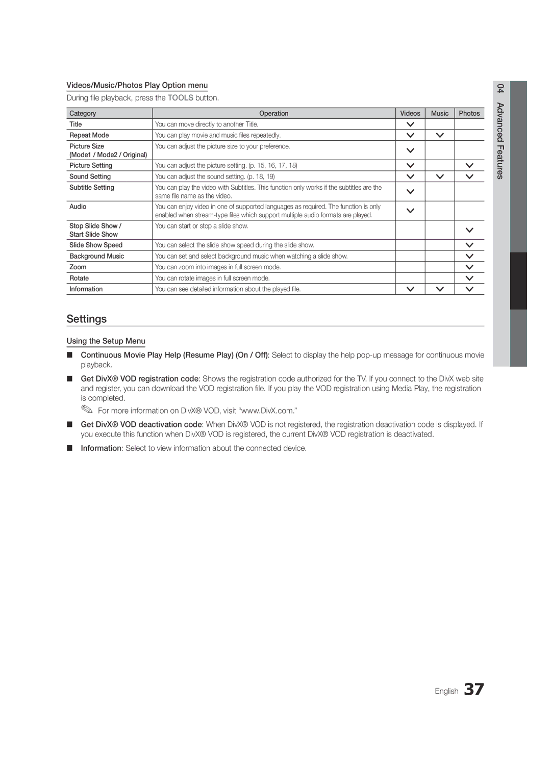 Samsung UC6300-ZC, BN68-03165B-01 user manual Settings, Videos/Music/Photos Play Option menu, Press the Tools button 