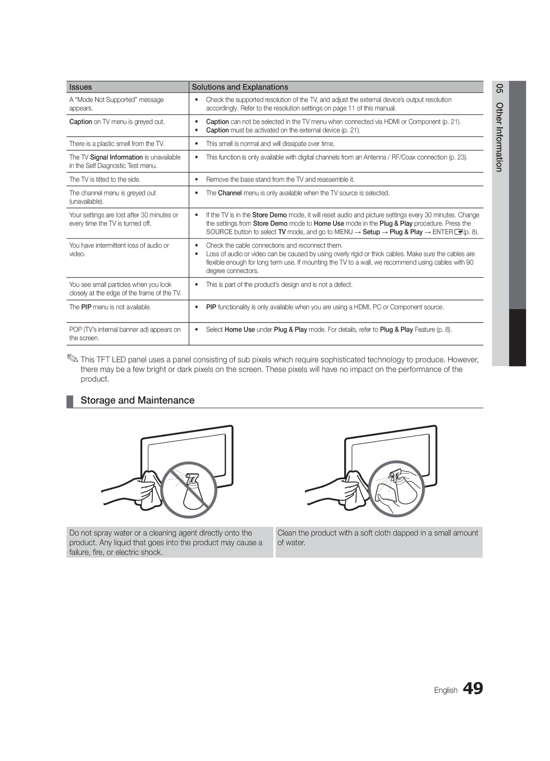 Samsung UC6300-ZC Storage and Maintenance, Caption must be activated on the external device p, Degree connectors 