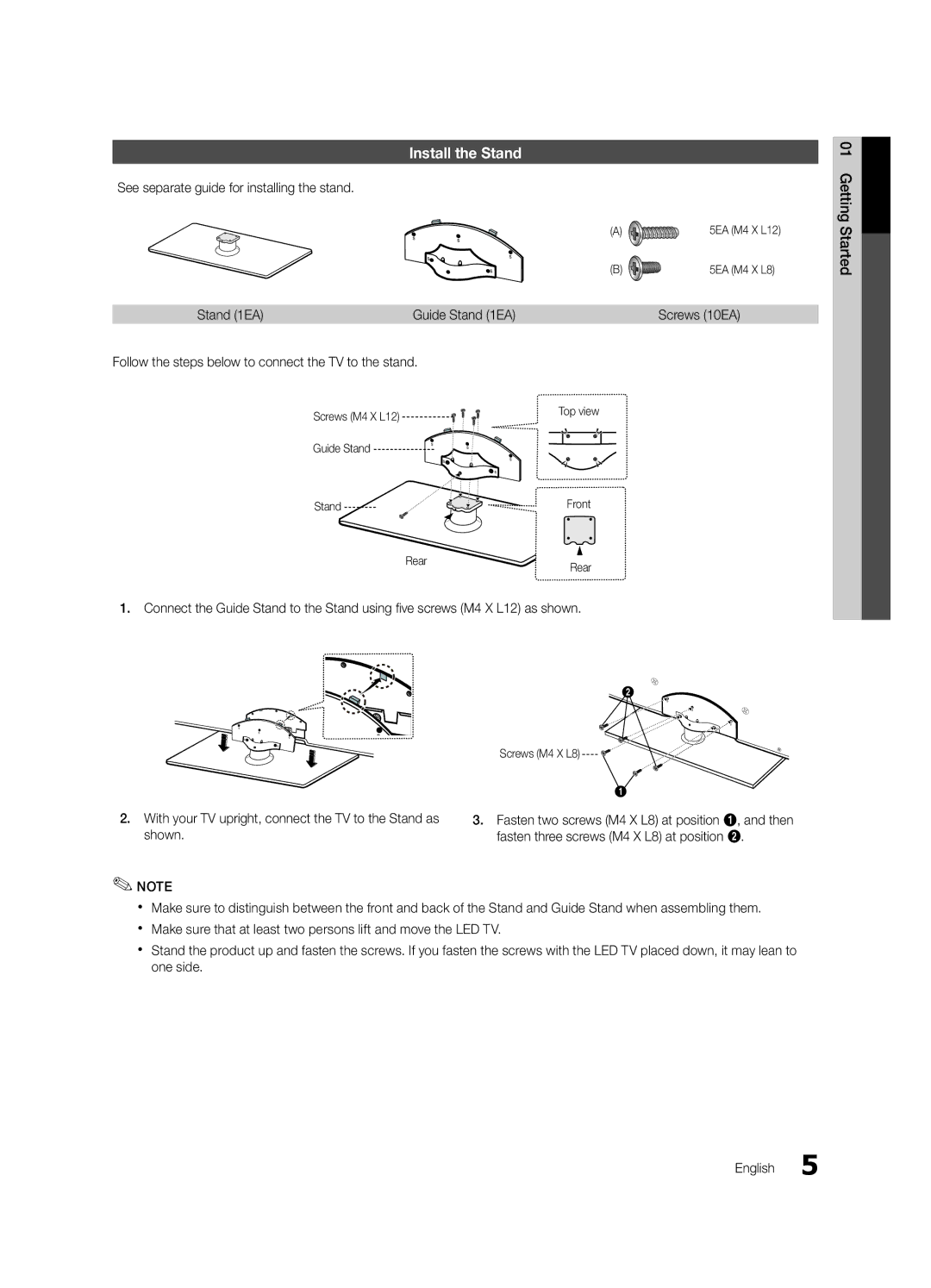 Samsung UC6300-ZC, BN68-03165B-01 Install the Stand, See separate guide for installing the stand, Stand 1EA, Screws 10EA 