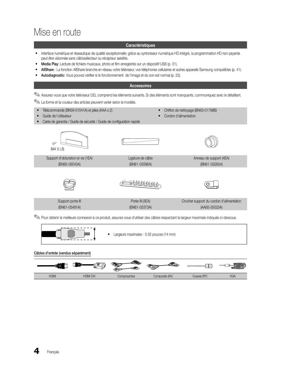 Samsung BN68-03165B-01, UC6300-ZC user manual Mise en route, Caractéristiques, Accessoires 