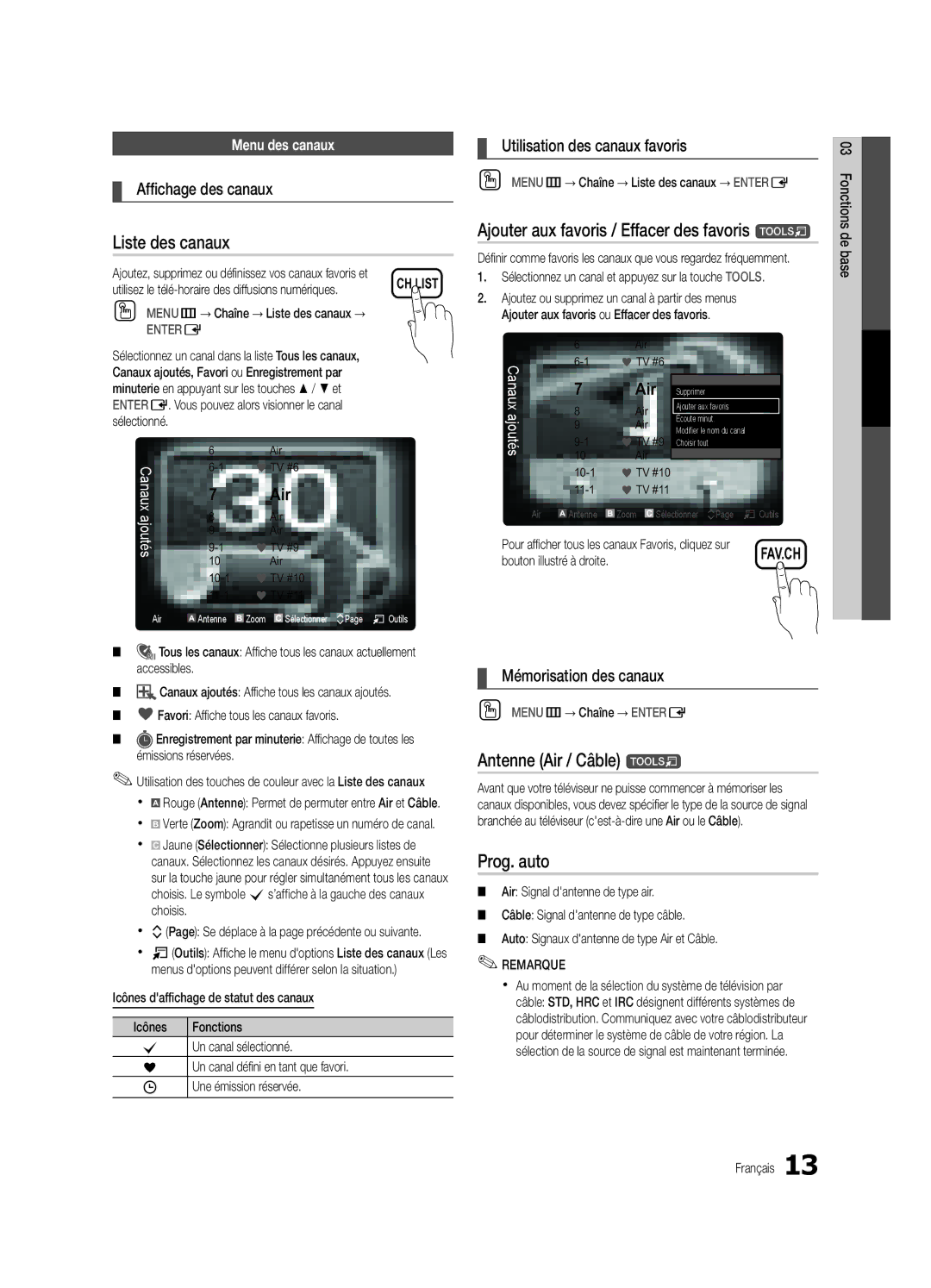 Samsung UC6300-ZC Liste des canaux, Ajouter aux favoris / Effacer des favoris t, Antenne Air / Câble t, Prog. auto 