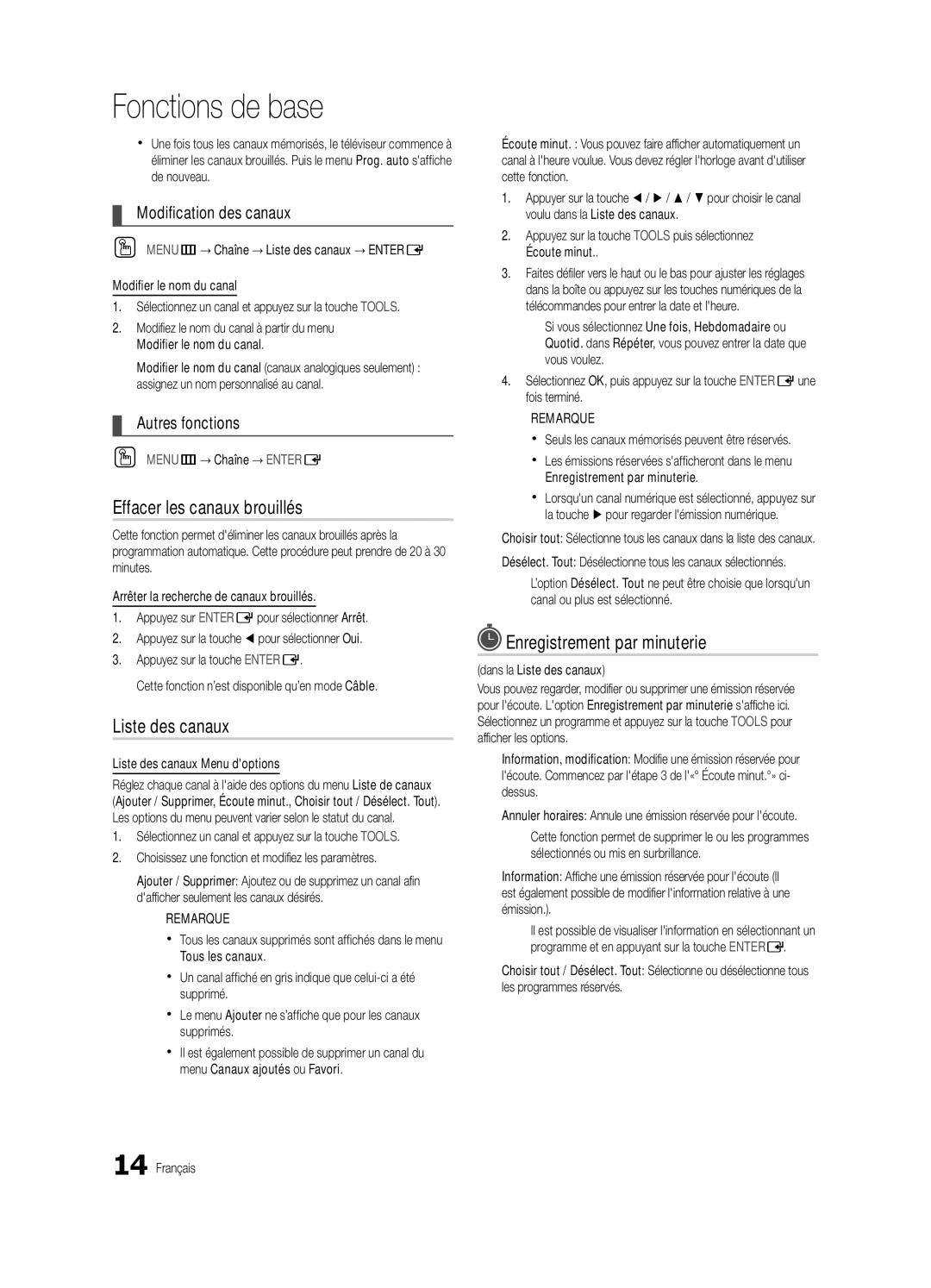 Samsung BN68-03165B-01, UC6300-ZC Effacer les canaux brouillés, Enregistrement par minuterie, Modification des canaux 