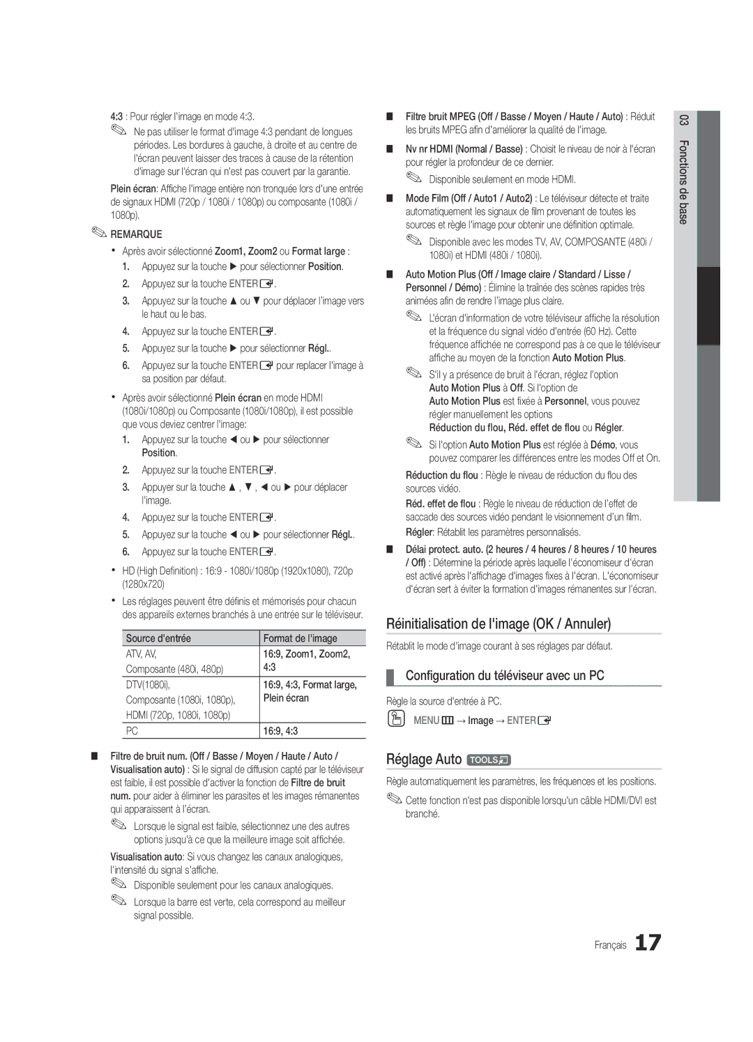 Samsung UC6300-ZC Réinitialisation de limage OK / Annuler, Réglage Auto t, Configuration du téléviseur avec un PC 