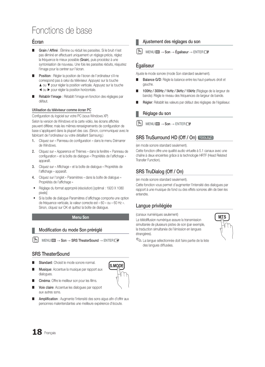 Samsung BN68-03165B-01, UC6300-ZC user manual Écran, Égaliseur, Langue privilégiée 