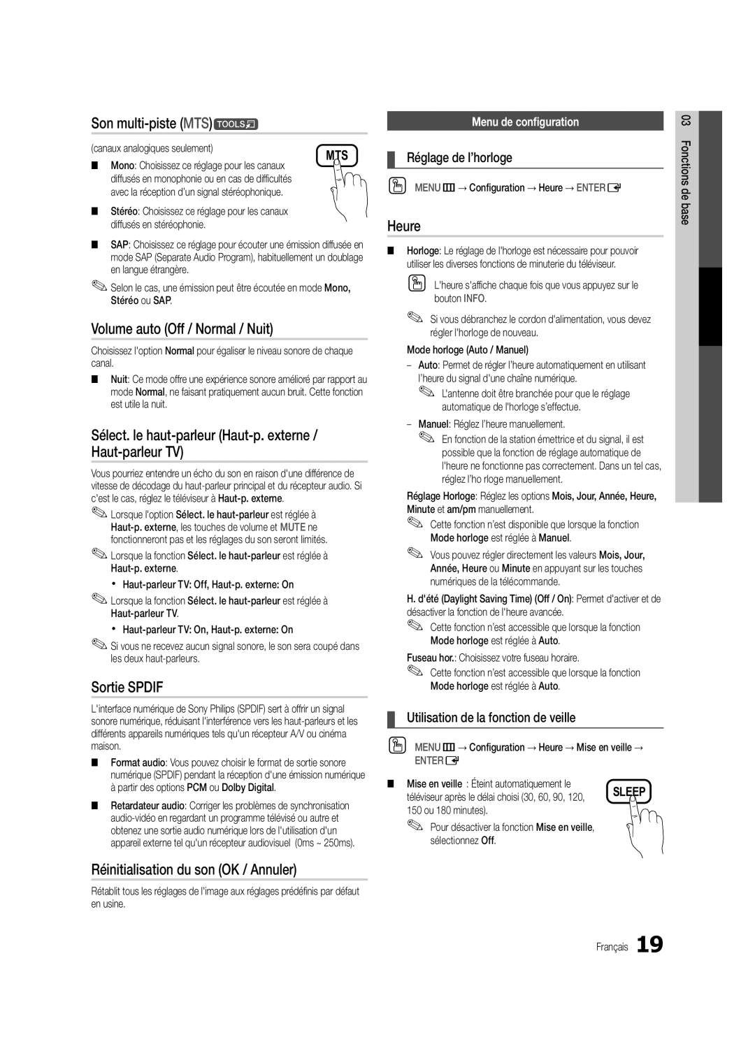 Samsung UC6300-ZC, BN68-03165B-01 user manual Son multi-piste MTSt, Volume auto Off / Normal / Nuit, Sortie Spdif, Heure 