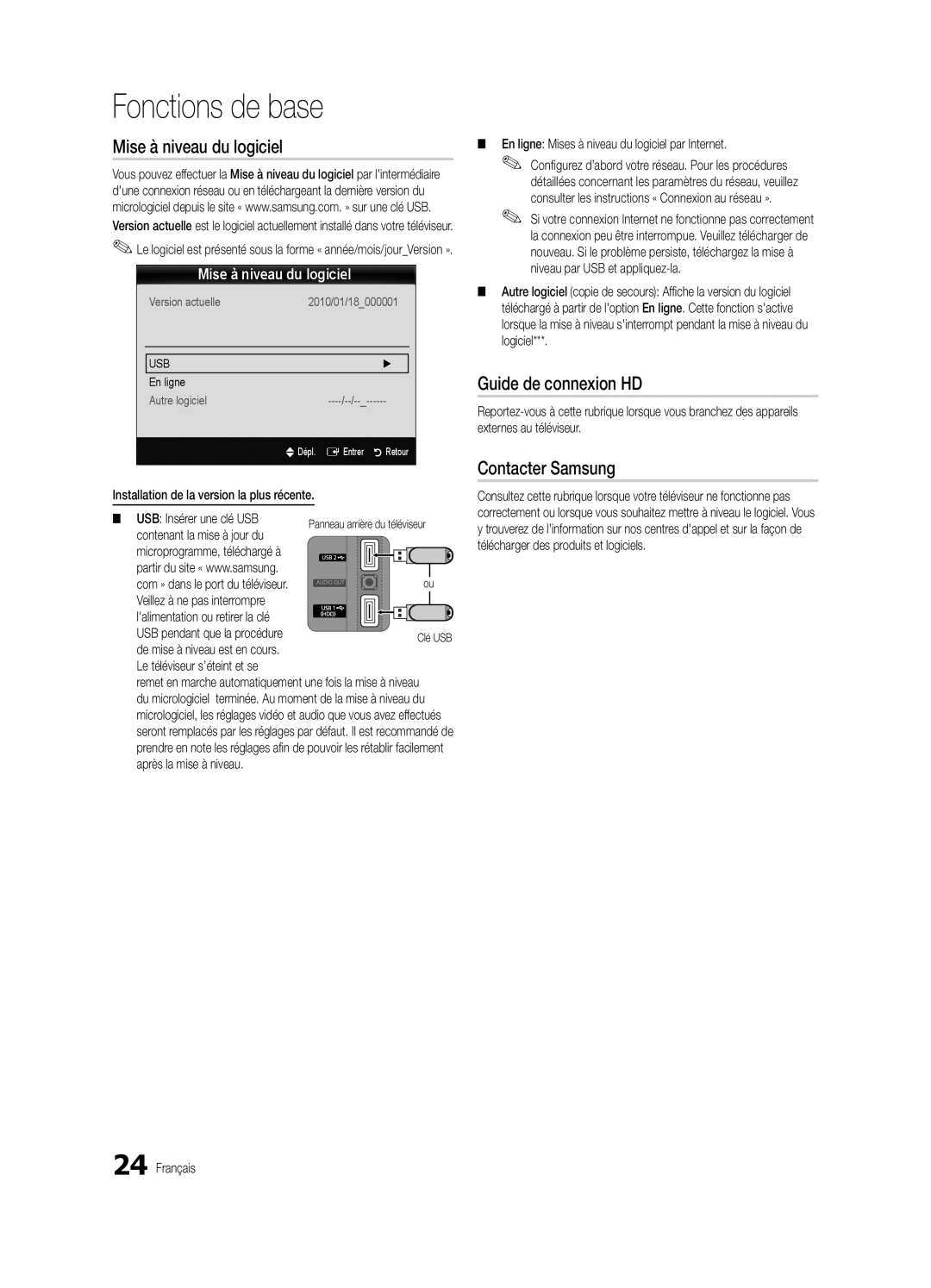 Samsung BN68-03165B-01, UC6300-ZC user manual Mise à niveau du logiciel, Guide de connexion HD, Contacter Samsung 