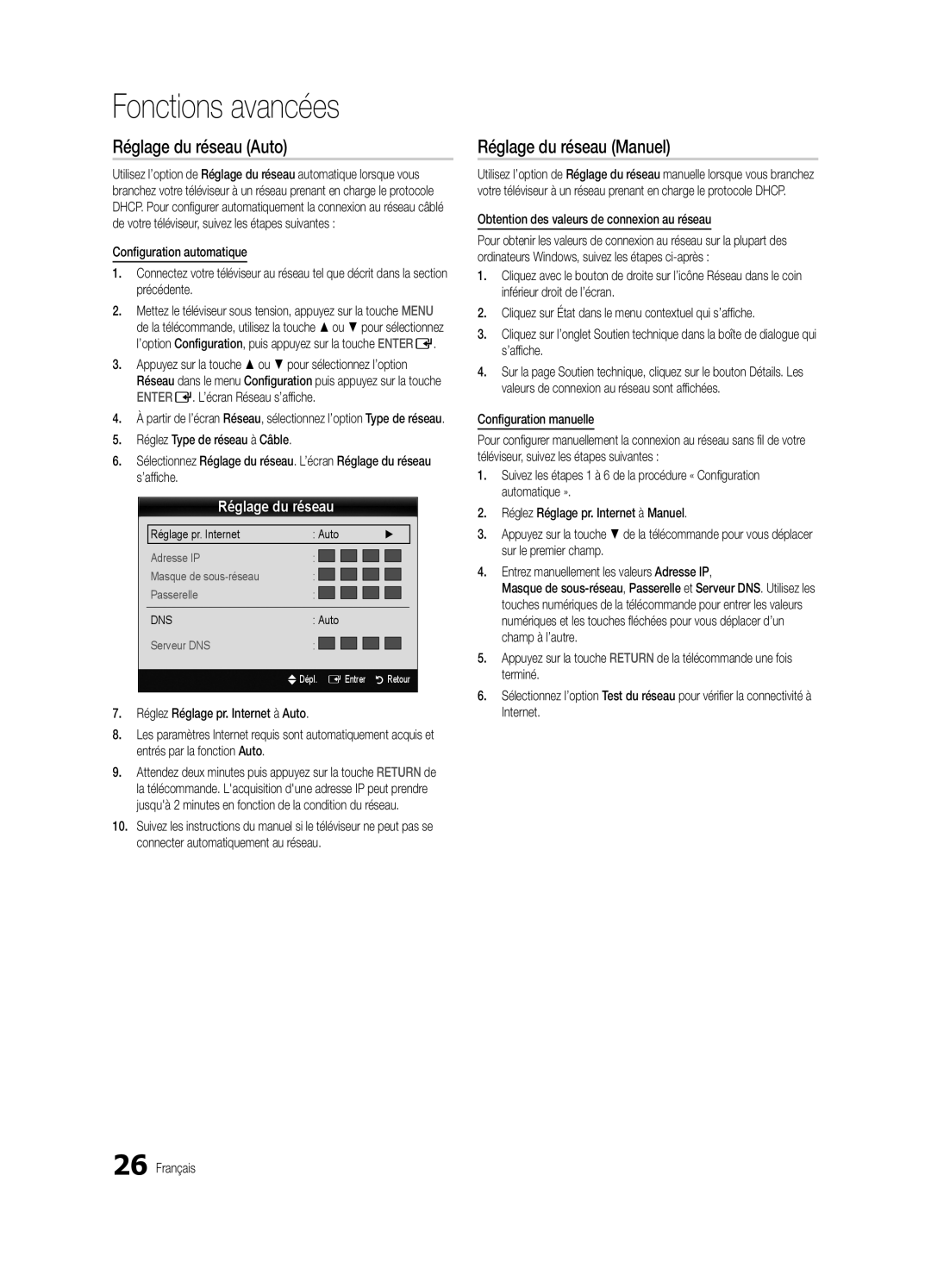 Samsung BN68-03165B-01, UC6300-ZC user manual Réglage du réseau Auto, Réglage du réseau Manuel 