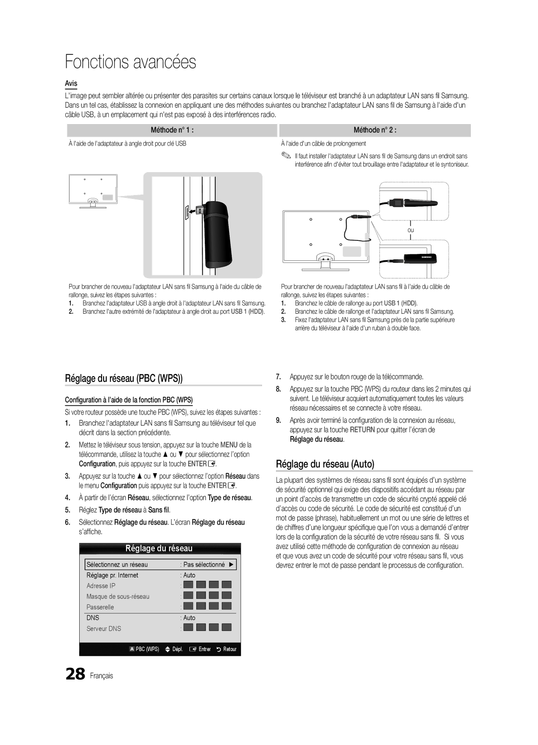 Samsung BN68-03165B-01 Réglage du réseau PBC WPS, Avis, Méthode n, Configuration à l’aide de la fonction PBC WPS 