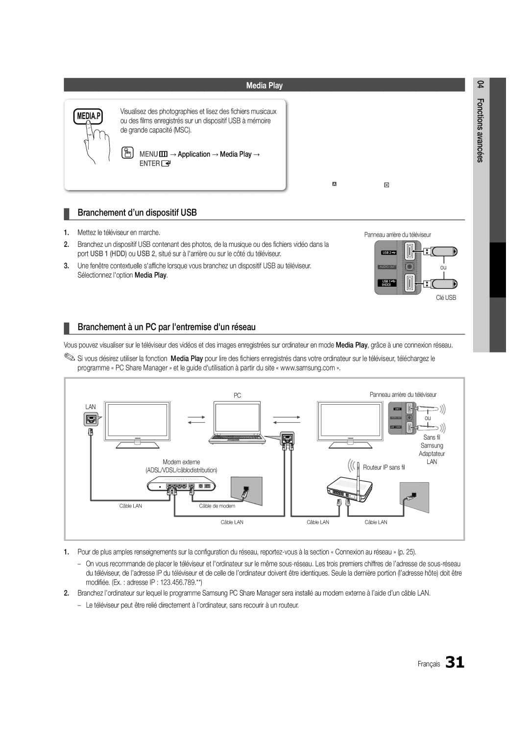 Samsung UC6300-ZC, BN68-03165B-01 user manual Branchement d’un dispositif USB, Branchement à un PC par lentremise dun réseau 