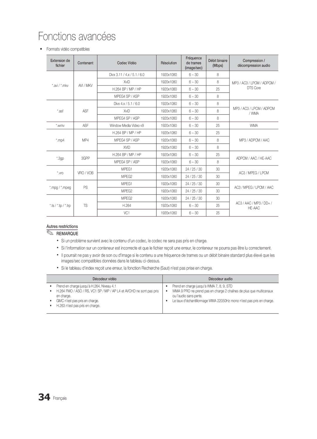 Samsung BN68-03165B-01, UC6300-ZC user manual Yy Formats vidéo compatibles 