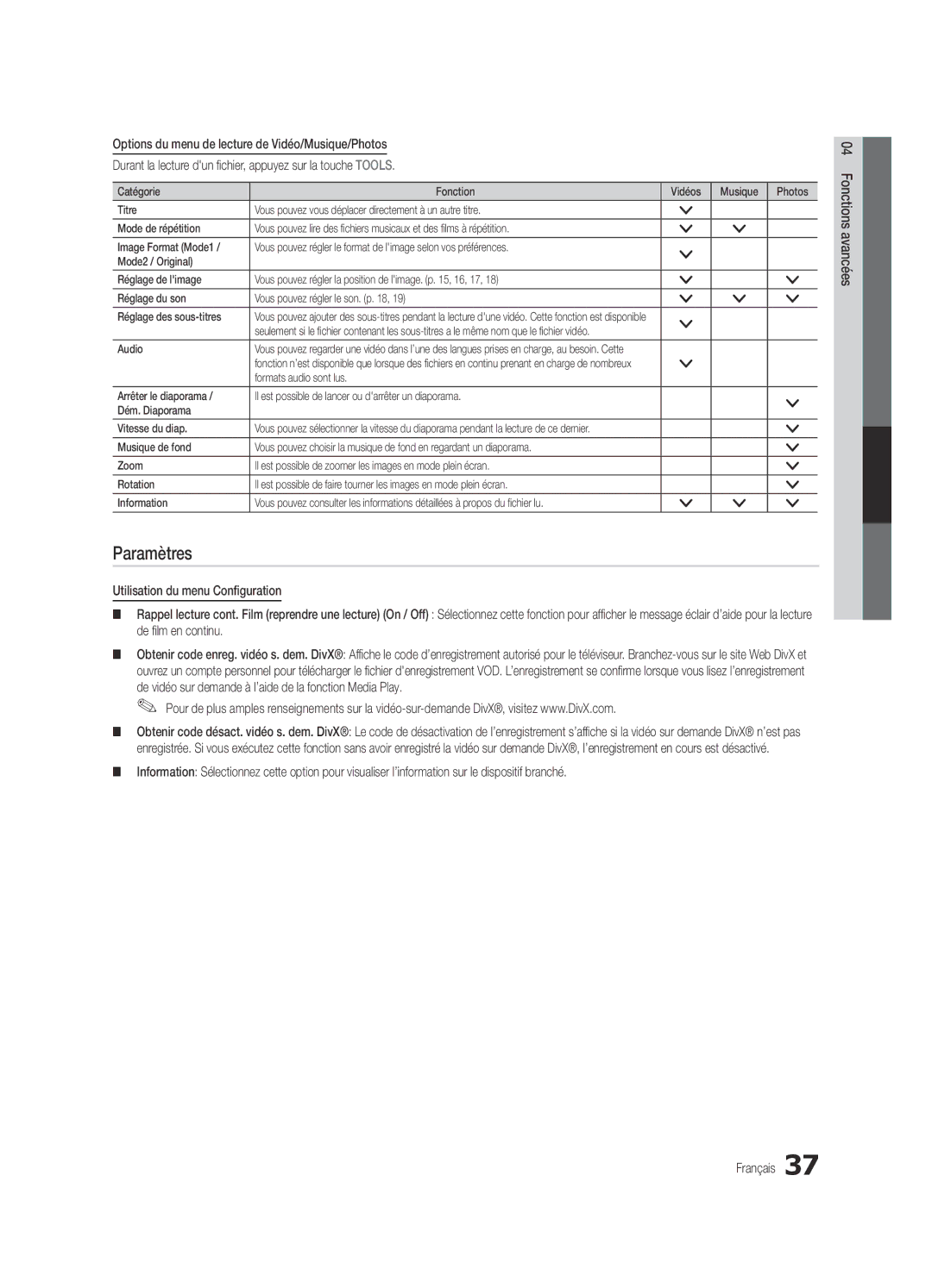 Samsung UC6300-ZC, BN68-03165B-01 user manual Paramètres, De vidéo sur demande à l’aide de la fonction Media Play 