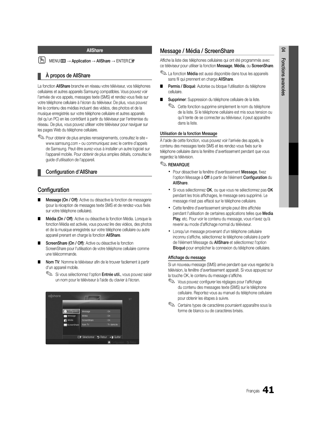 Samsung UC6300-ZC, BN68-03165B-01 user manual Message / Média / ScreenShare, Propos de AllShare, Configuration dAllShare 